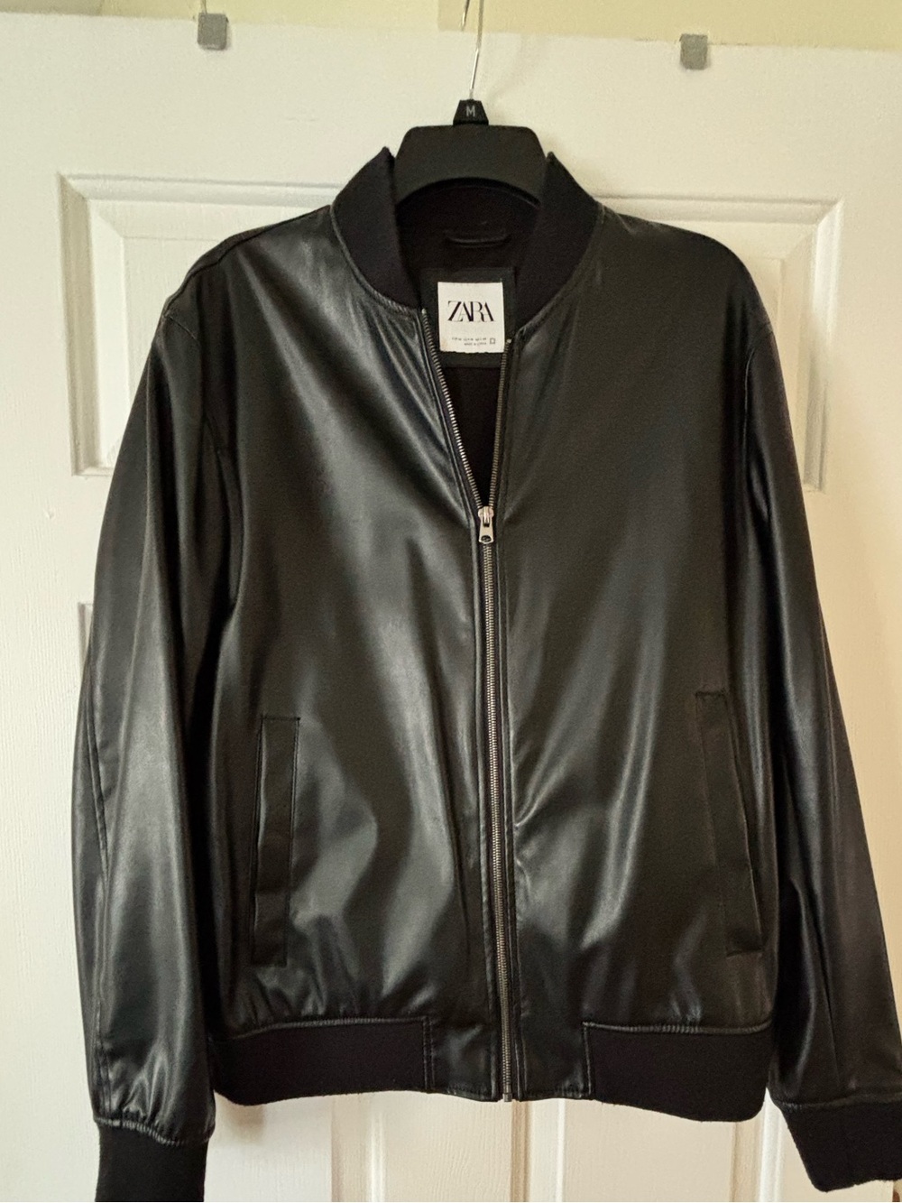 Zara Black Faux Leather Bomber Jacket with Ribbed Trim size M